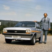 Pictured here in 1976 with Henry Ford II, the Fiesta first went on sale in the UK in 1977.
