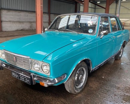 Under the same ownership for a decade, this two-tone (blue/black) Humber Sceptre has the 1725cc engine and was first registered in Northampton in January 1970. Showing 61,752 miles, it’s expected to change hands at somewhere between £3000 and £3500.