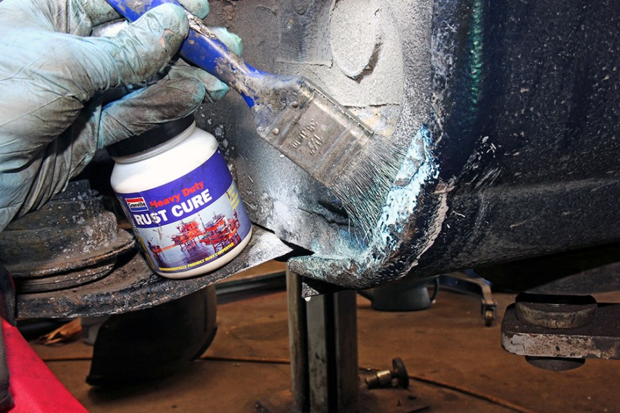 Most rust inhibitors can be painted on with a small brush and left to dry. Some require a second coat. The product usually turns black to help indicate there’s a covering of iron tannate.