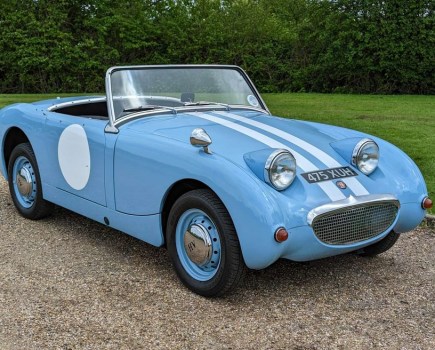 Resplendent in its original shade of Iris Blue, this 1960 Austin-Healey ‘Frogeye’ Sprite MkI was restored in around 2005. It has been fitted with a 1275cc engine and disc brakes for improved performance and is guided at £15,000-£18,000.