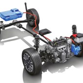 You can find parallel hybrid layouts in both low and high voltage applications. Pictured is a high-voltage hybrid Suzuki Vitara, showing the battery pack and the drive motor, which is integral with the transmission