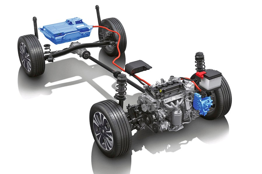 You can find parallel hybrid layouts in both low and high voltage applications. Pictured is a high-voltage hybrid Suzuki Vitara, showing the battery pack and the drive motor, which is integral with the transmission
