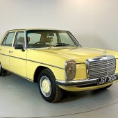 Next to the popular W123, this 1975 Mercedes W115 is a real rarity. Offered in 230.4 guise and resplendent in Primrose Yellow with caramel MB-Tex interior, it’s guided at a very reasonable £5000-£6000.
