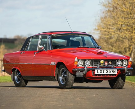 Resplendent in the rare but striking shade of Monza Red, this 1975 Rover P6 3500 is offered in manual transmission ‘S’ spec and was subject to a recent comprehensive restoration that included a colour change from Sandalwood. It’s guided at a very reasonable £10,000-£12,000.