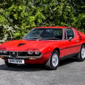An original, UK-supplied right-hand drive example, this 1974 Alfa Romeo Montreal looks superb in red and benefits from a recent engine-out refresh and refurbished wheels. Always garaged, it shows just 45,000 miles and is guided at £60,000–75,000.
